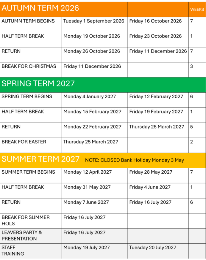 Term times table 2026-2027
